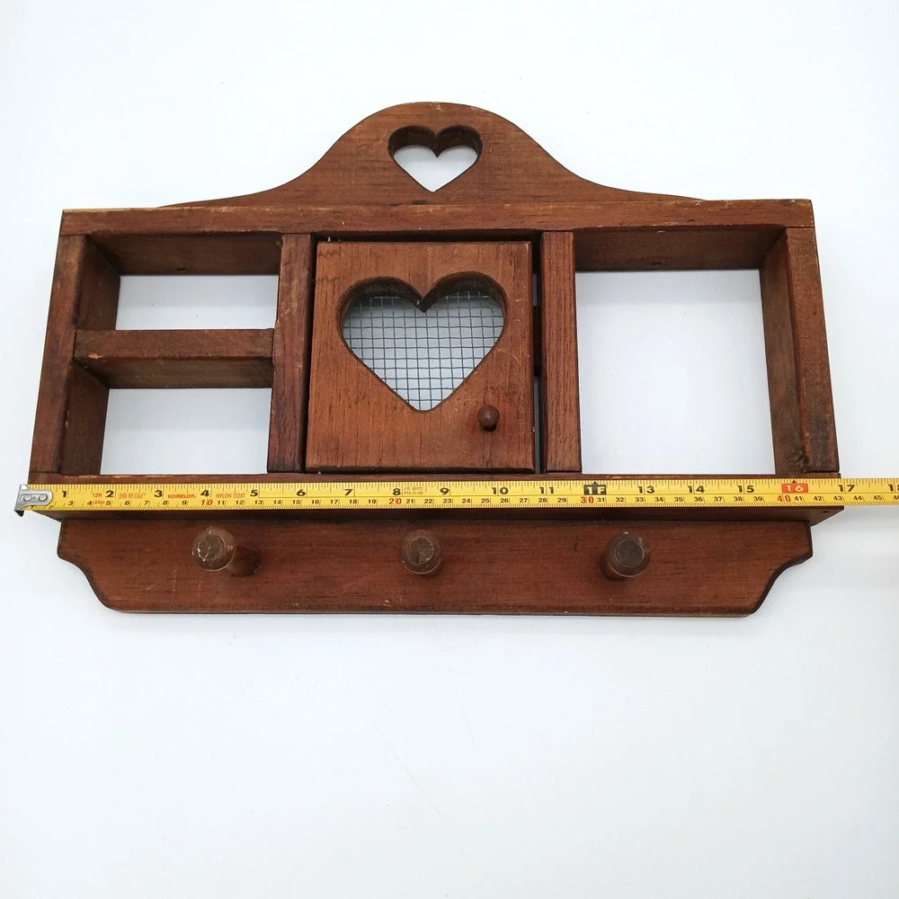 Country Wood Knick-Knack Shelf with Center door and 3 Pegs - Heart Cutout VTG
